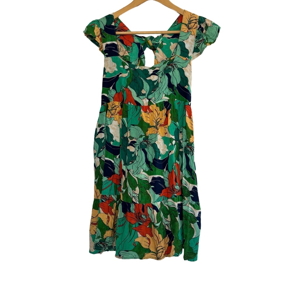 Band Of The Free Dress Tropical Floral Babydoll Green Multi Tie Back Shift Sz M